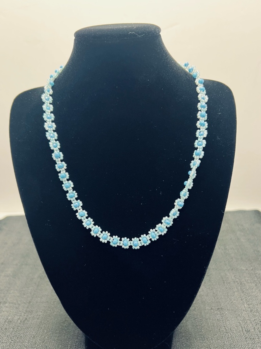 Blue Beaded Daisy Chain Necklace Handmade Multicolor Seed Bead Flowers